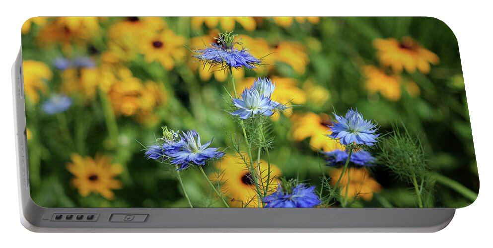 Love In A Mist Portable Battery Charger featuring the photograph Love in a Mist in Garden by Karen Adams