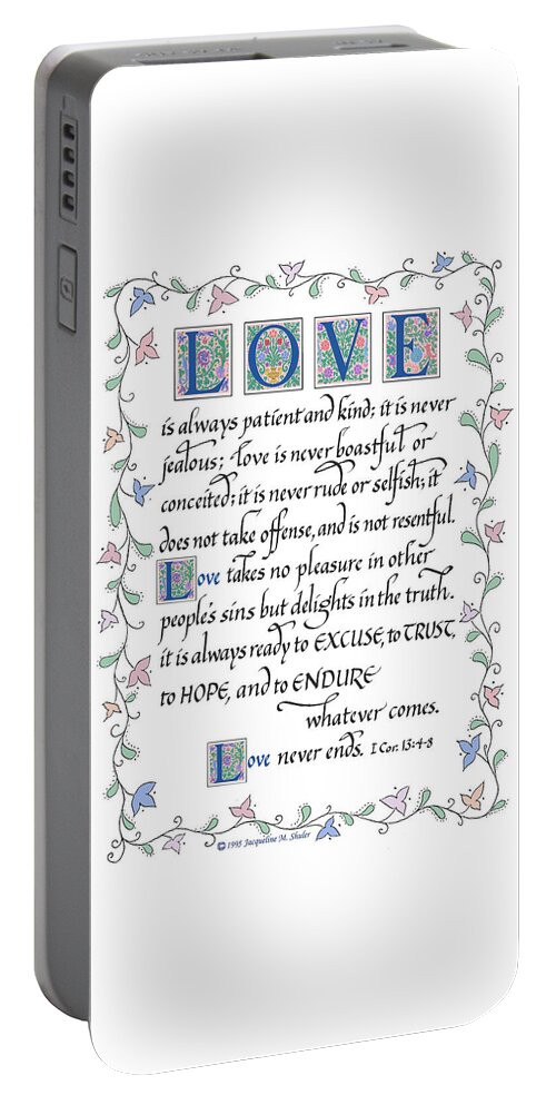 Love Is Patient Portable Battery Charger featuring the drawing Love is Always Patient-with border by Jacqueline Shuler