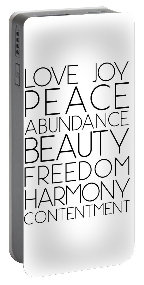 Love Portable Battery Charger featuring the mixed media Love Joy Peace Beauty Virtues by Studio Grafiikka