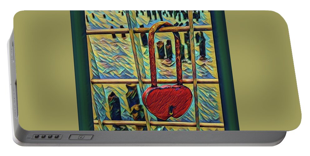 Lock Portable Battery Charger featuring the mixed media Love locked on the Hudson by Bruce Carpenter