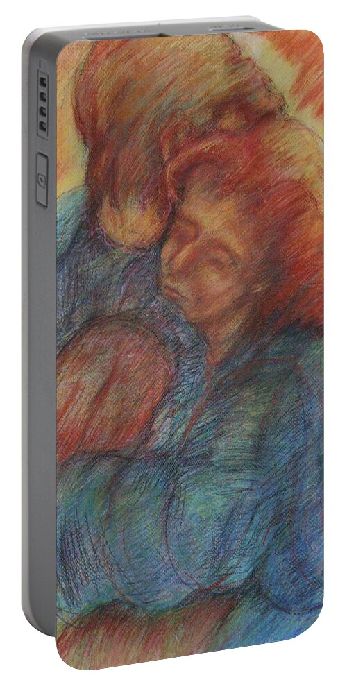 Original Art Pastel Chalk Drawing Lovers Couple Hug Embrace Love Portable Battery Charger featuring the pastel Lovers Embrace by Katt Yanda