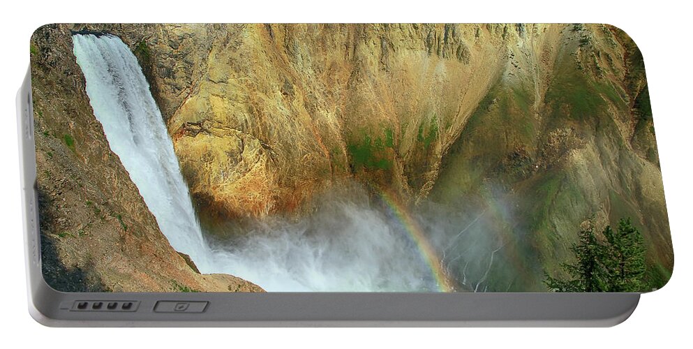 Waterfall Portable Battery Charger featuring the photograph Lower Yellowstone Falls and Rainbow by Teresa Zieba
