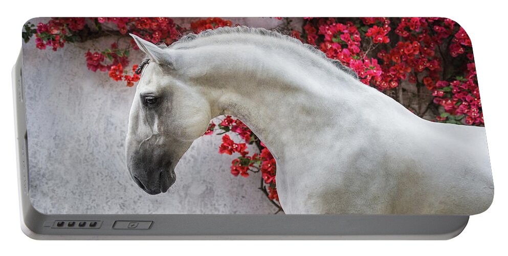 Russian Artists New Wave Portable Battery Charger featuring the photograph Lusitano Portrait in Red Flowers by Ekaterina Druz