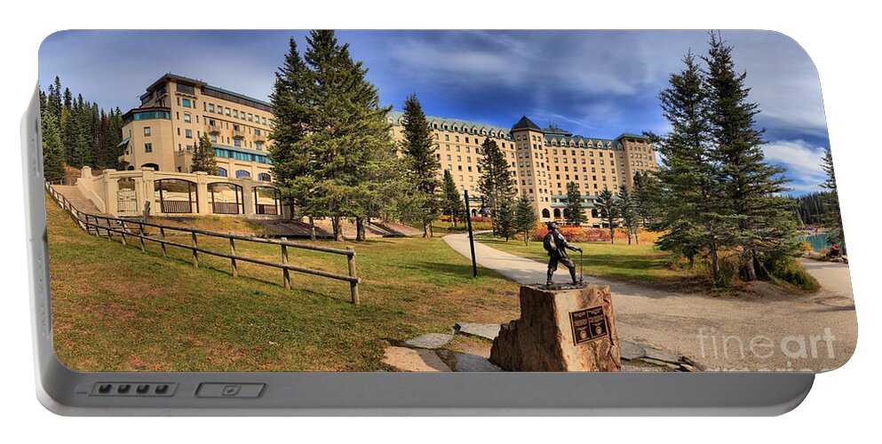Chateau Lake Louise Portable Battery Charger featuring the photograph Luxury In The Pines by Adam Jewell