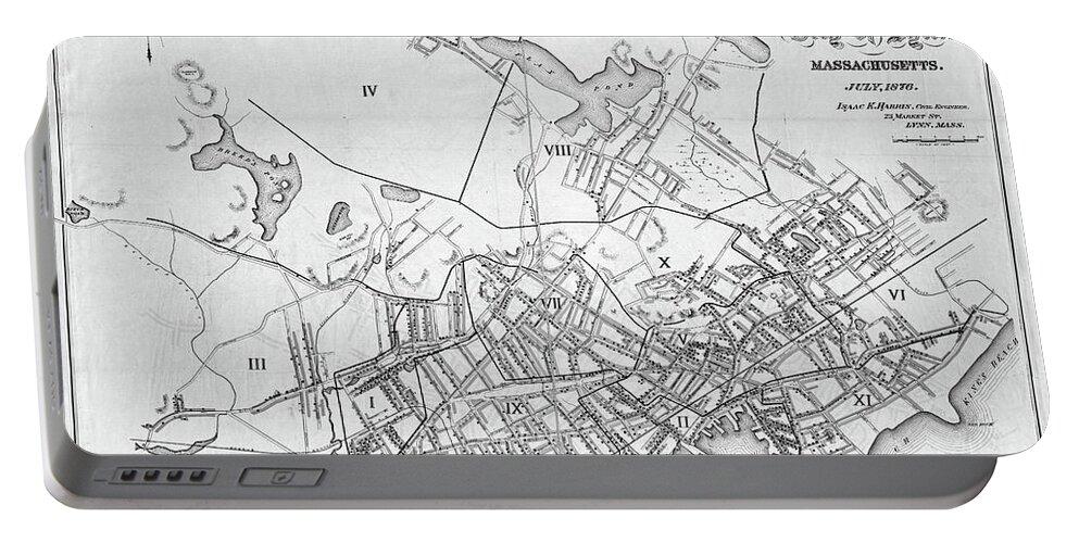 Lynn Portable Battery Charger featuring the photograph Lynn MA 1876 Historical Map Black and White by Toby McGuire