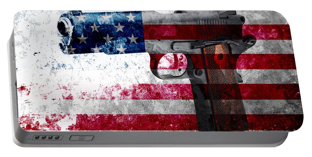 M1911 Portable Battery Charger featuring the digital art M1911 Colt 45 and American Flag on Distressed Metal Sheet by M L C