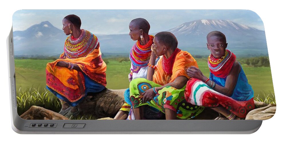 Lupita Portable Battery Charger featuring the painting Time to Talk by Anthony Mwangi