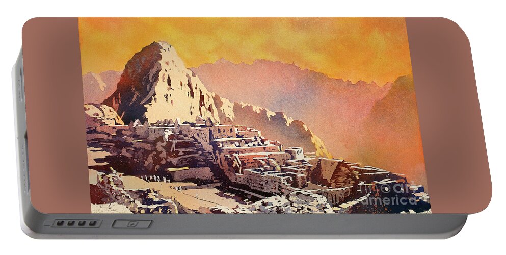 Archaeological Site Portable Battery Charger featuring the painting Machu Picchu Sunset by Ryan Fox