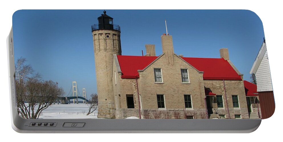 Old Mackinac Point Portable Battery Charger featuring the photograph Mackinac Bridge and Light by Keith Stokes