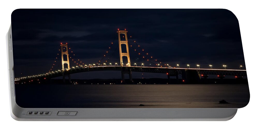 Mackinac Portable Battery Charger featuring the photograph Mackinac Bridge at Night by Larry Carr