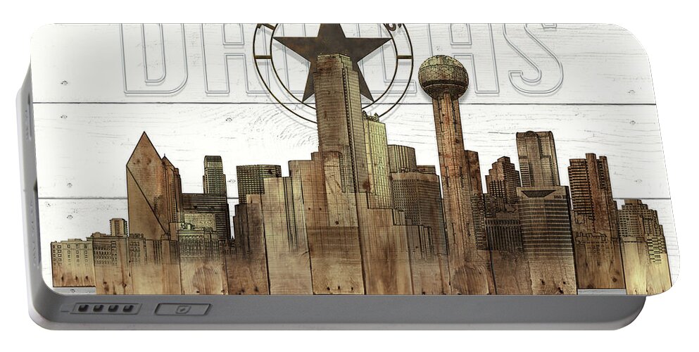 Dallas Texas Skyline Artwork By Doug Kreuger Portable Battery Charger featuring the mixed media Made-to-order Dallas Texas Skyline Wall Art by Doug Kreuger