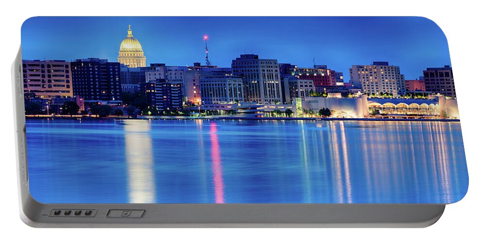 Capitol Portable Battery Charger featuring the photograph Madison Skyline Reflection by Sebastian Musial
