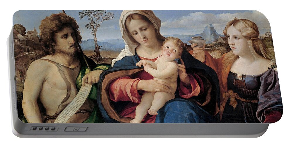 Palma Vecchio Portable Battery Charger featuring the painting Madonna and Child with Saint John the Baptist and Magdalene by Palma Vecchio