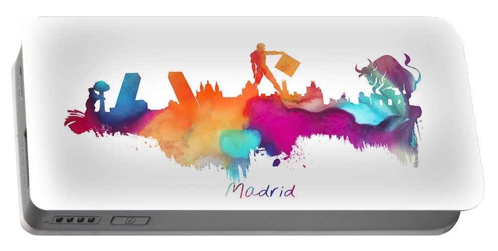 Madrid Portable Battery Charger featuring the digital art Madrid colored skyline by Justyna Jaszke JBJart