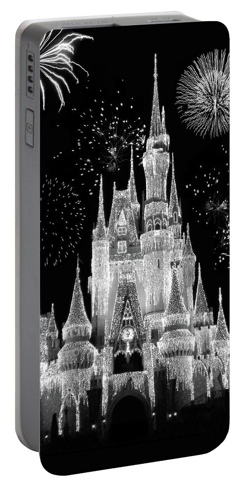 Black And White Portable Battery Charger featuring the photograph Magic Kingdom Castle in Black and White with Fireworks Walt Disney World MP by Thomas Woolworth