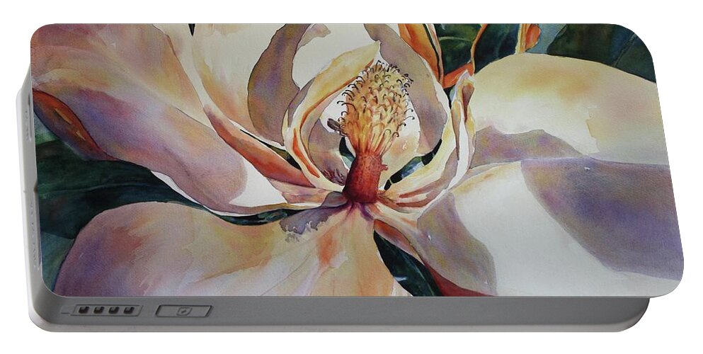 Magnolia Portable Battery Charger featuring the painting Magnolia, Golden Glow by Roxanne Tobaison