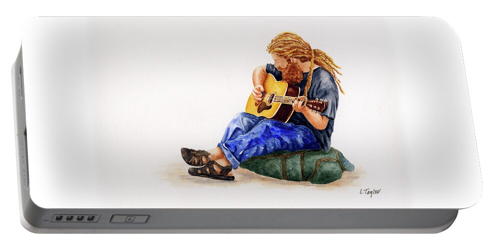 Musician Portable Battery Charger featuring the painting Main Street Minstrel 2 by Lori Taylor
