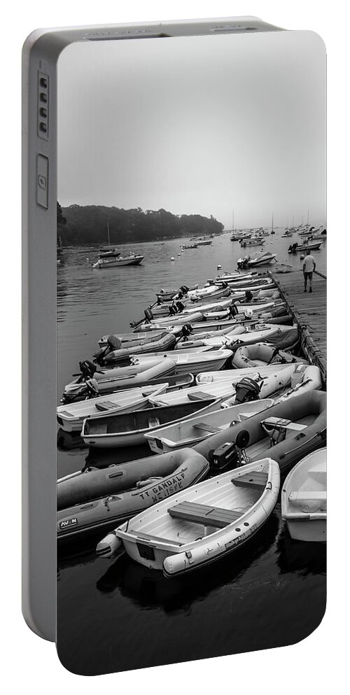Maine Portable Battery Charger featuring the photograph Maine Harbor on Misty Morning in BW by Ranjay Mitra