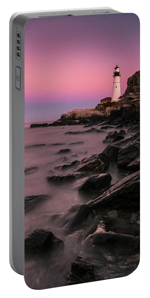 Maine Portable Battery Charger featuring the photograph Maine Portland Headlight Lighthouse at Sunset by Ranjay Mitra