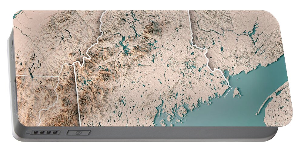 Maine Portable Battery Charger featuring the digital art Maine State USA 3D Render Topographic Map Neutral Border by Frank Ramspott