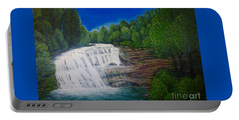 Bald River Falls Full Cascading Waterfall Blue Skies Overhead And Lined With Deciduous And Evergreen Trees On Either Side Clear Blue Green Water With White Water Pooling At Bottom Sunlight On River Rock Balance Of Cool And Warm Tones Waterfall Nature Scenes Acrylic Waterfall Painting Portable Battery Charger featuring the painting Majestic Bald River Falls of Appalachia II by Kimberlee Baxter
