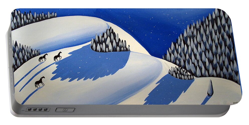 Art Portable Battery Charger featuring the painting Making The Peak - modern winter landscape by Debbie Criswell