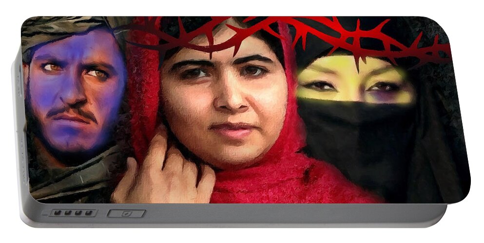 Malala Portable Battery Charger featuring the painting Malala rise up by Carl Gouveia