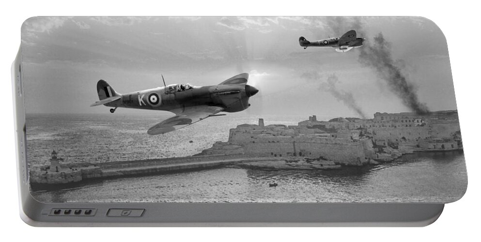Raaf Portable Battery Charger featuring the digital art Malta Bastion - Monochrome by Mark Donoghue