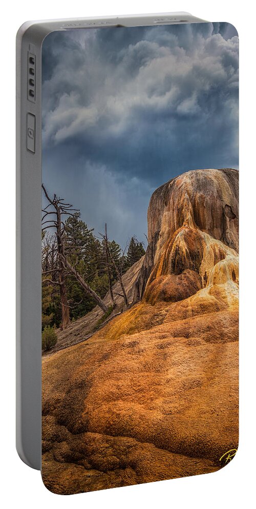 Mammoth Hot Springs Portable Battery Charger featuring the photograph Mammoth Under Storm by Rikk Flohr