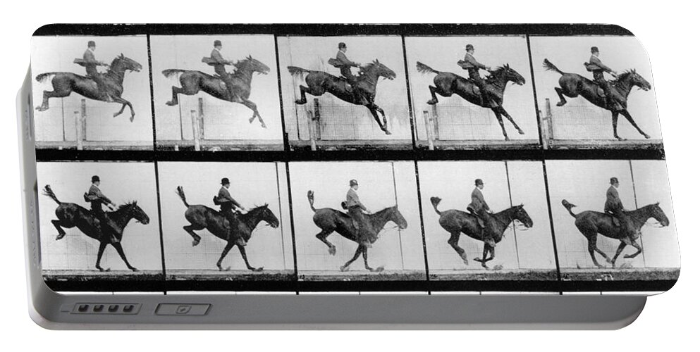 Muybridge Portable Battery Charger featuring the photograph Man and Horse jumping by Eadweard Muybridge