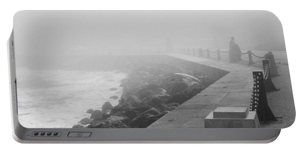 Bonnie Follett Portable Battery Charger featuring the photograph Man Waiting in Fog by Bonnie Follett