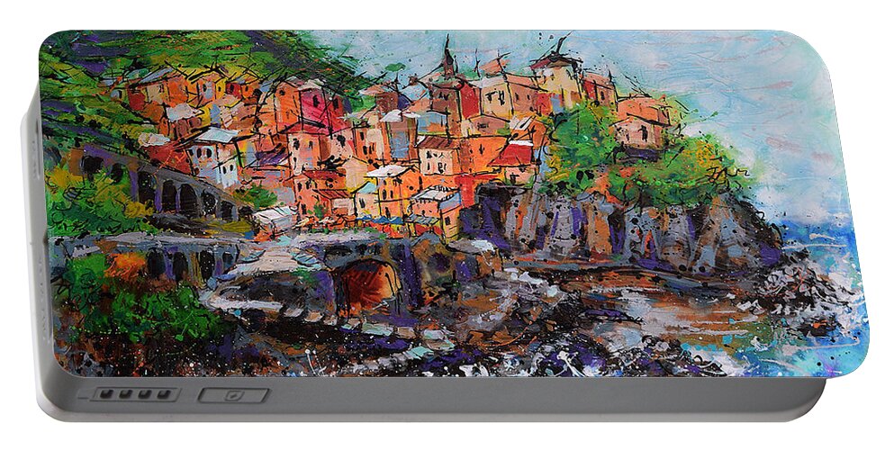  Portable Battery Charger featuring the painting Manarola, Cinque Terre, Italy by Jyotika Shroff
