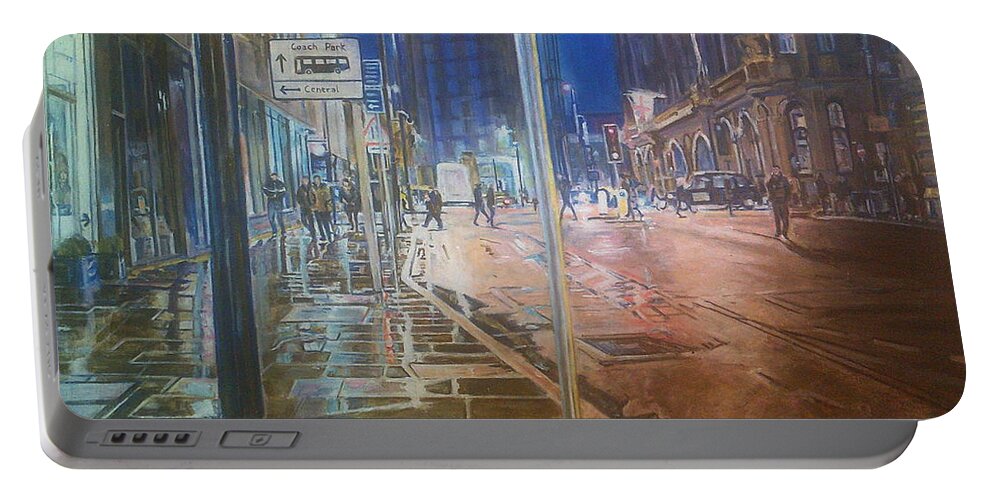 Manchester Night Wet Pavements Light Reflections Buildings People Portable Battery Charger featuring the painting Manchester At Night by Rosanne Gartner