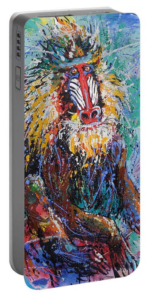 The Mandrill Portable Battery Charger featuring the painting Mandrill Baboon by Jyotika Shroff