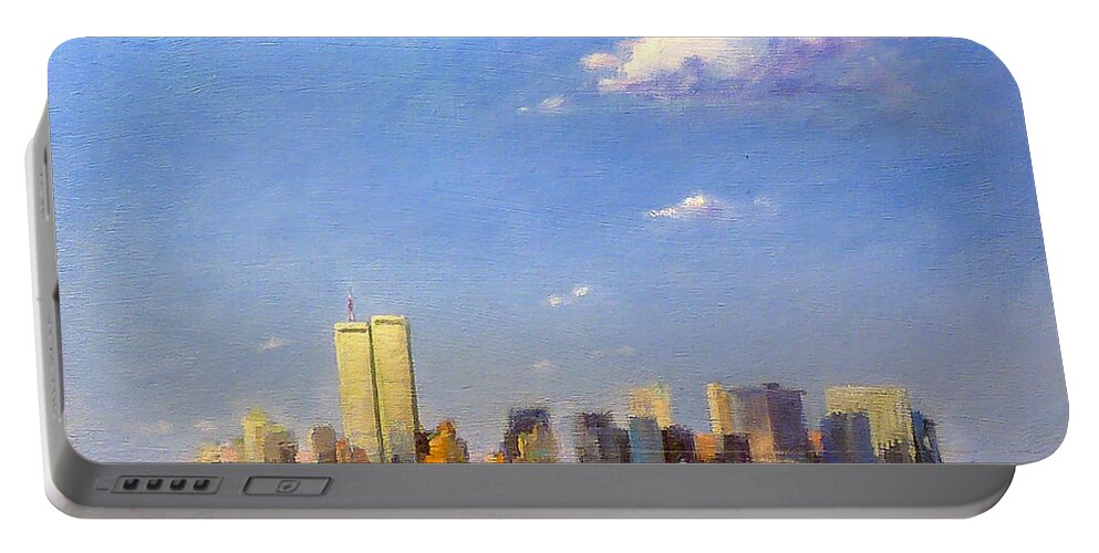 Twin Towers Portable Battery Charger featuring the painting Manhattan and Twin Towers from New York Harbor by Peter Salwen