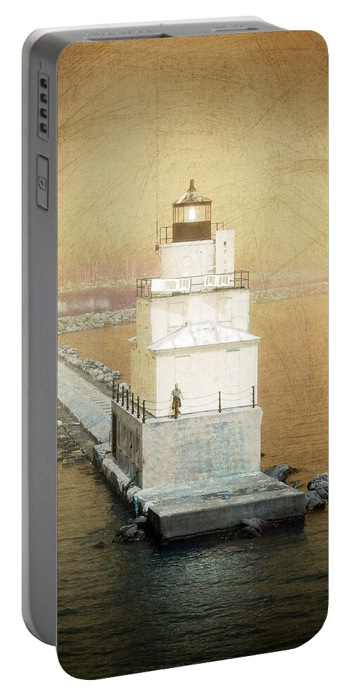 Manitowoc Portable Battery Charger featuring the photograph Manitowoc Breakwater Light Re-Imagined by David T Wilkinson
