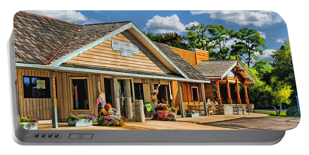 Door County Portable Battery Charger featuring the painting Mann's Mercantile Shops on Washington Island Door County by Christopher Arndt
