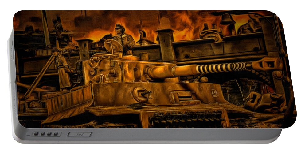 Wwii German Tiger Tank Portable Battery Charger featuring the digital art March Across France Holding on to Caen - Oil by Tommy Anderson