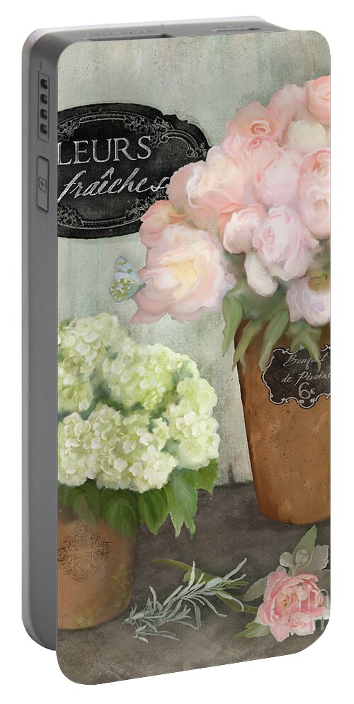 French Flower Market Portable Battery Charger featuring the painting Marche aux Fleurs 2 - Peonies n Hydrangeas by Audrey Jeanne Roberts