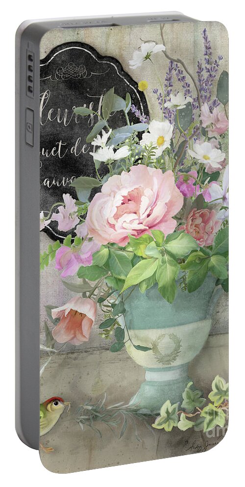 Marche Aux Fleurs Portable Battery Charger featuring the painting Marche aux Fleurs 3 Peony Tulips Sweet Peas Lavender and Bird by Audrey Jeanne Roberts