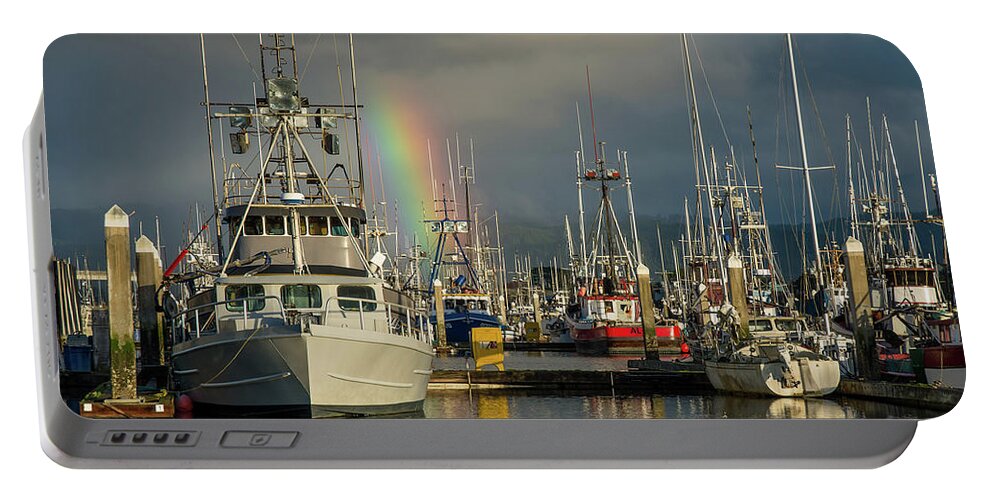 Woodley Island Marina Portable Battery Charger featuring the photograph Marina and Rainbow by Greg Nyquist