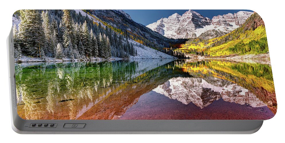 Olena Art Portable Battery Charger featuring the photograph Sunrise at Maroon Bells Lake Autumn Aspen Trees in The Rocky Mountains Near Aspen Colorado by OLena Art