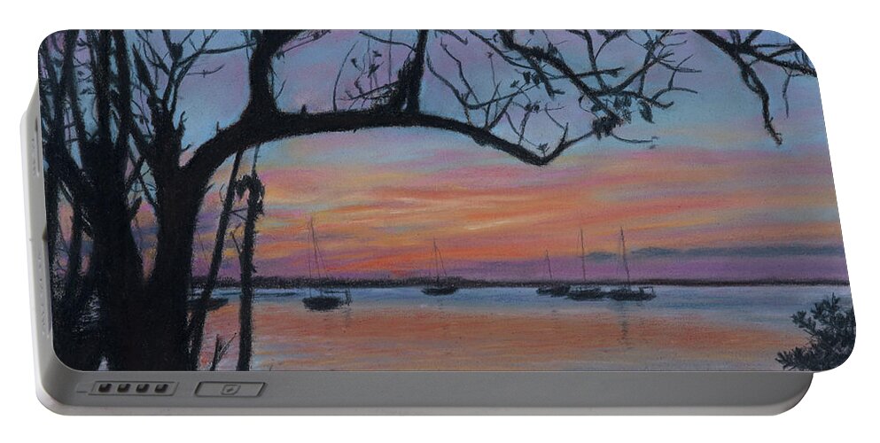 Roshanne Portable Battery Charger featuring the pastel Marsh Harbour at Sunset by Roshanne Minnis-Eyma