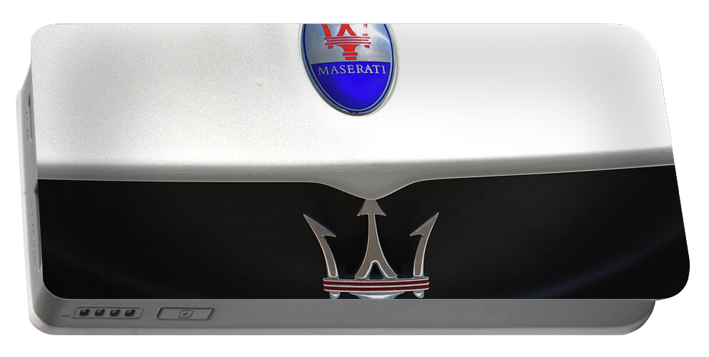 Car Portable Battery Charger featuring the photograph Maserati Branding by Mike Martin