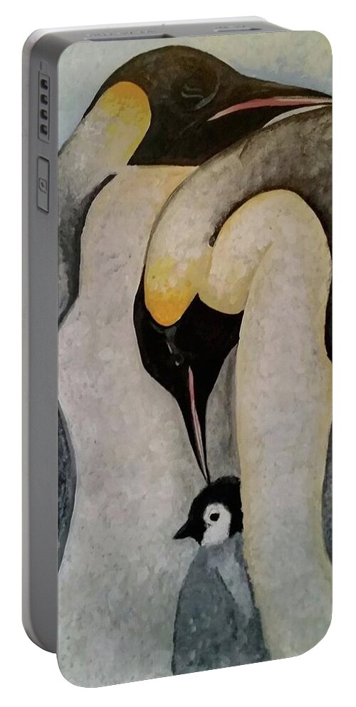 Emperor Penguins Portable Battery Charger featuring the painting Mate for Life by Carole Hutchison
