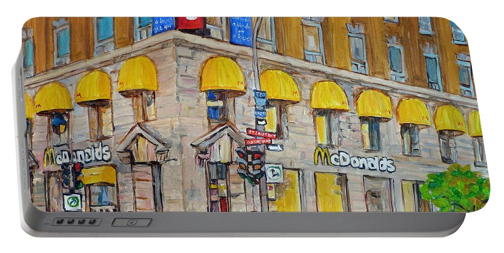Montreal Portable Battery Charger featuring the painting Mcdonald Restaurant Old Montreal by Carole Spandau