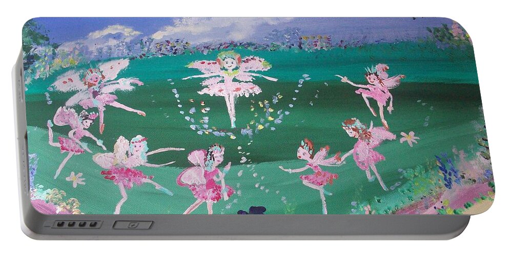 Meadow Portable Battery Charger featuring the painting Meadow Fairies by Judith Desrosiers