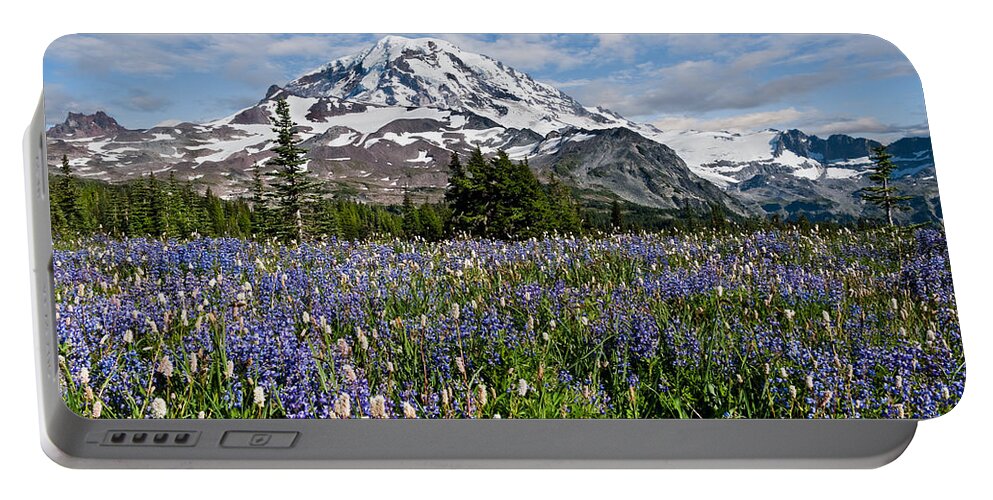 Alpine Portable Battery Charger featuring the photograph Meadow of Lupine Near Mount Rainier by Jeff Goulden