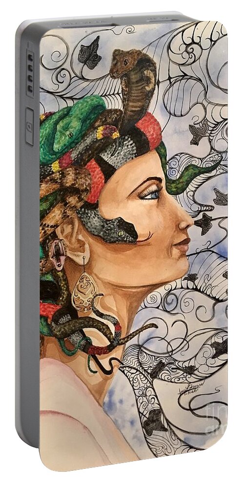  Watercolor Portable Battery Charger featuring the mixed media Medusa by Mastiff Studios