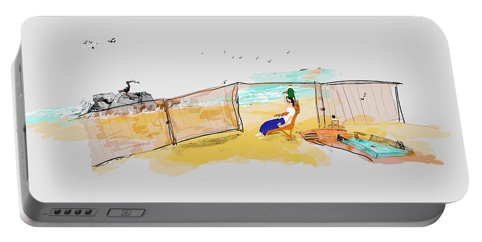 Seascape. Men. Relaxing Portable Battery Charger featuring the digital art Men on beach by Debbi Saccomanno Chan
